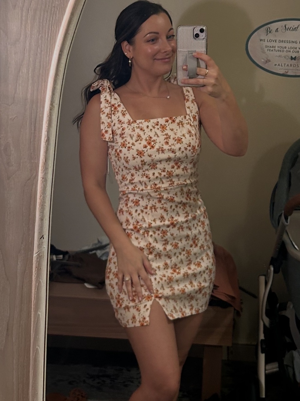 Altar’d State Jenna Floral Tie Strap Mini Dress Cream Rust Floral